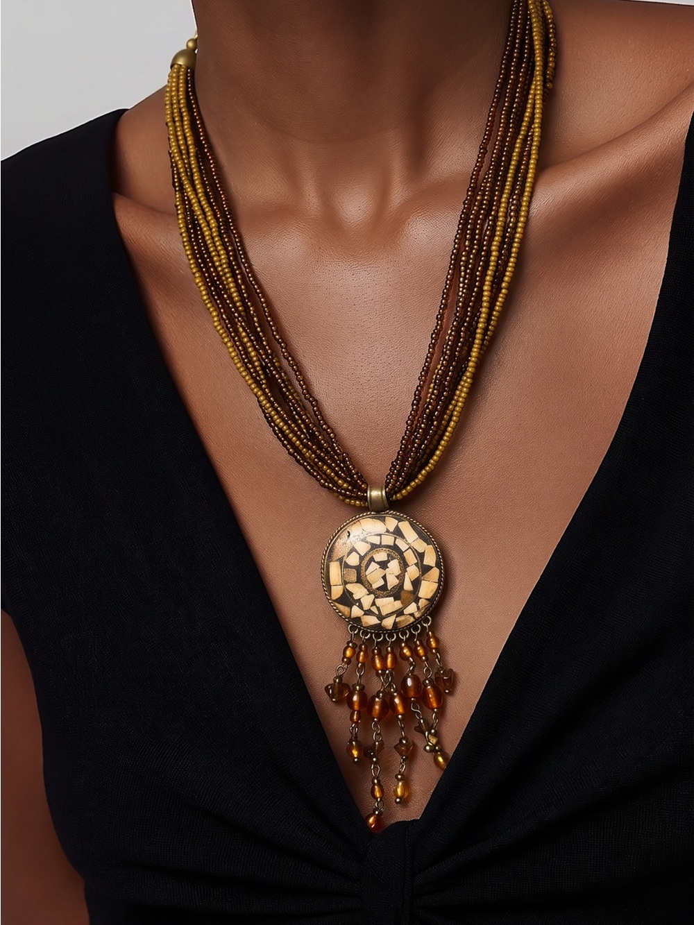 Artisan Beaded Tassel Necklace - Gold and Brown